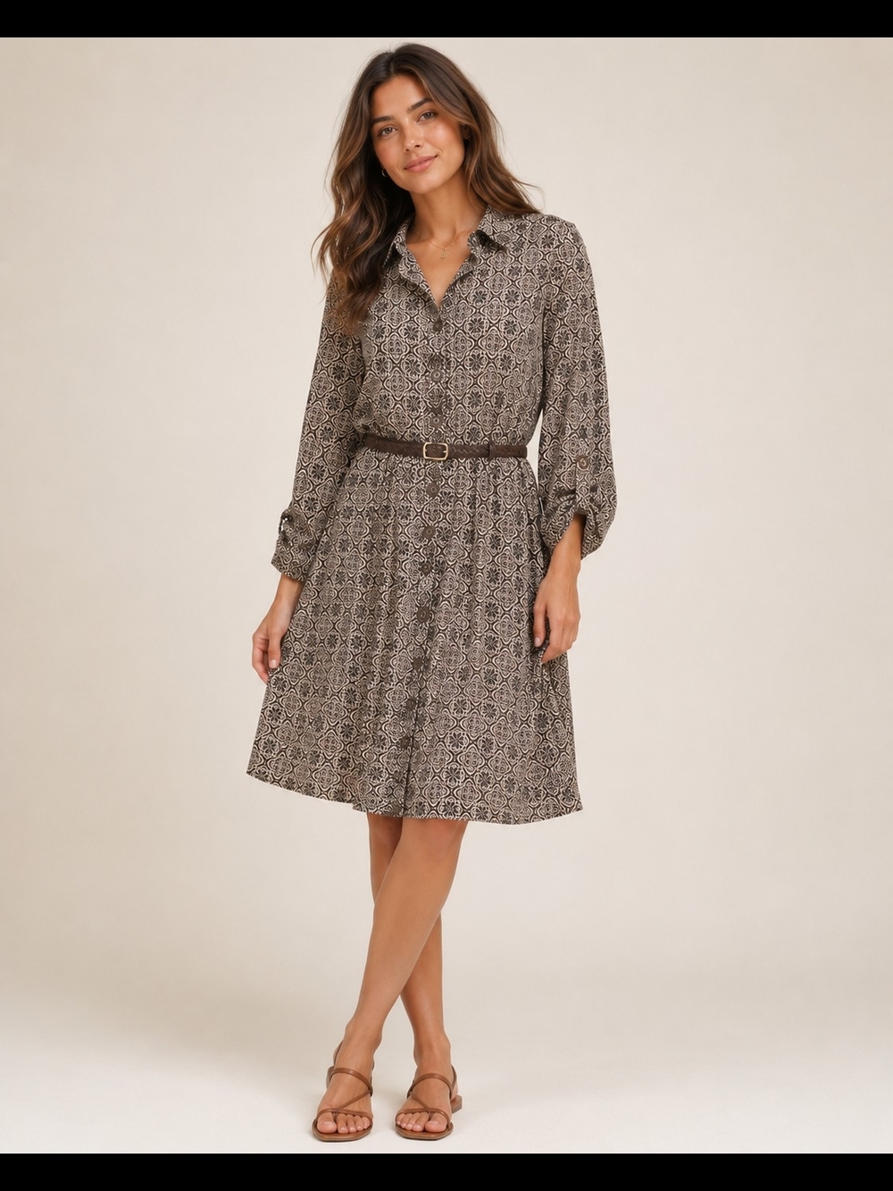 Shift Dress with Belt - Taupe/Black
